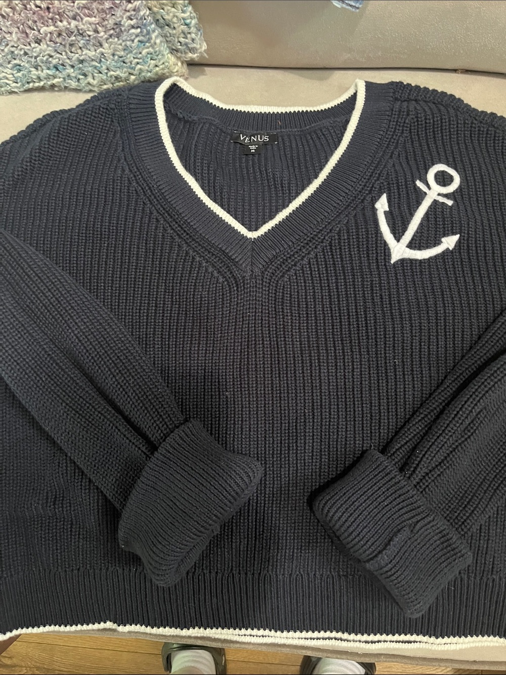 Venus Navy V-Neck Anchor Sweater